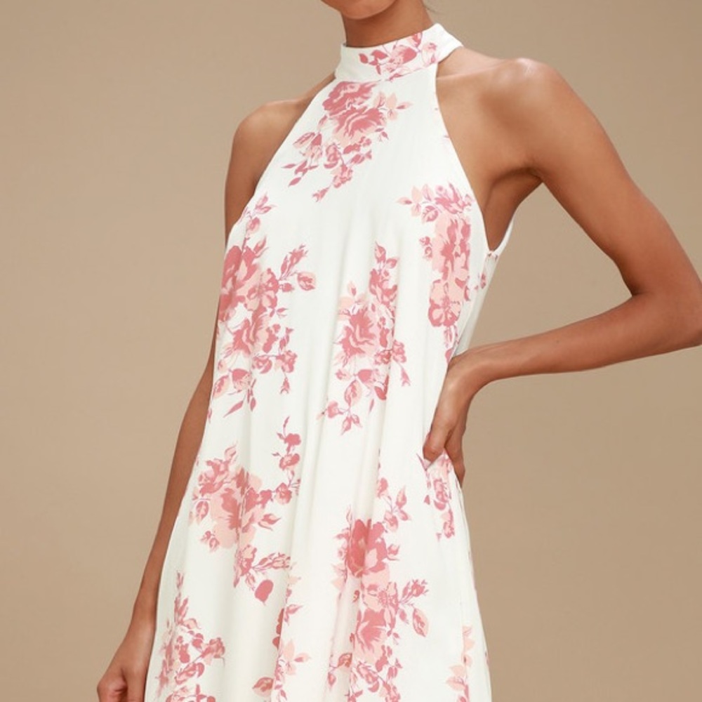 LULUS BLUSH PINK/WHITE FLORAL PRINT SWING DRESS